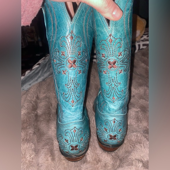 💎PECOS BILL Turquoise Leather Western Cowgirl Boots Embroidery Crosses 8.5 - Picture 9 of 16